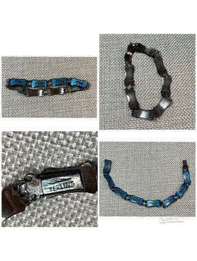 Vtg Siam Sterling Silver Niello Turquoise Blue Enamel Panel Goddess Bracelet 6.5